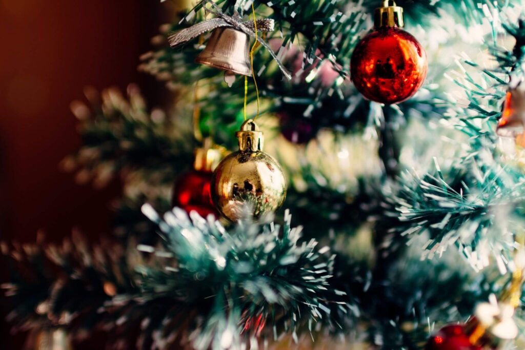 christmas baubles on tree